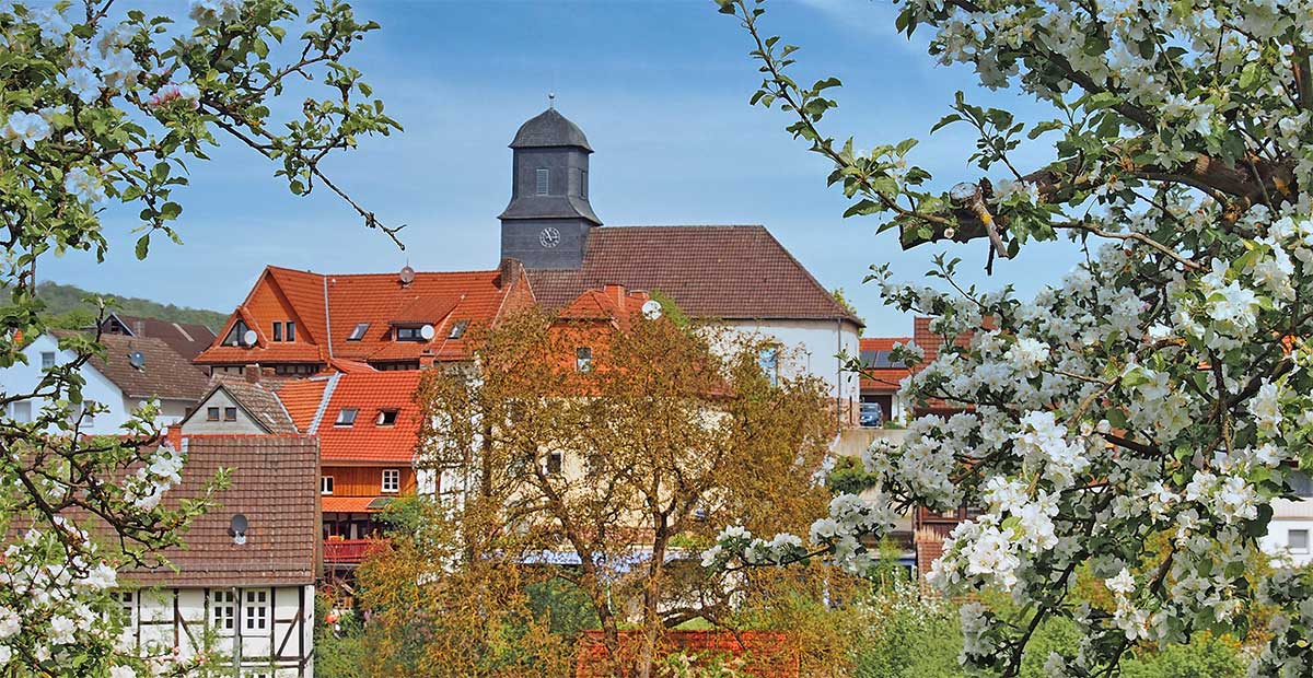 Das Bild zeigt die Stadtkirche Niedenstein im Kirchenkreis Schwalm-Eder im Frühling.