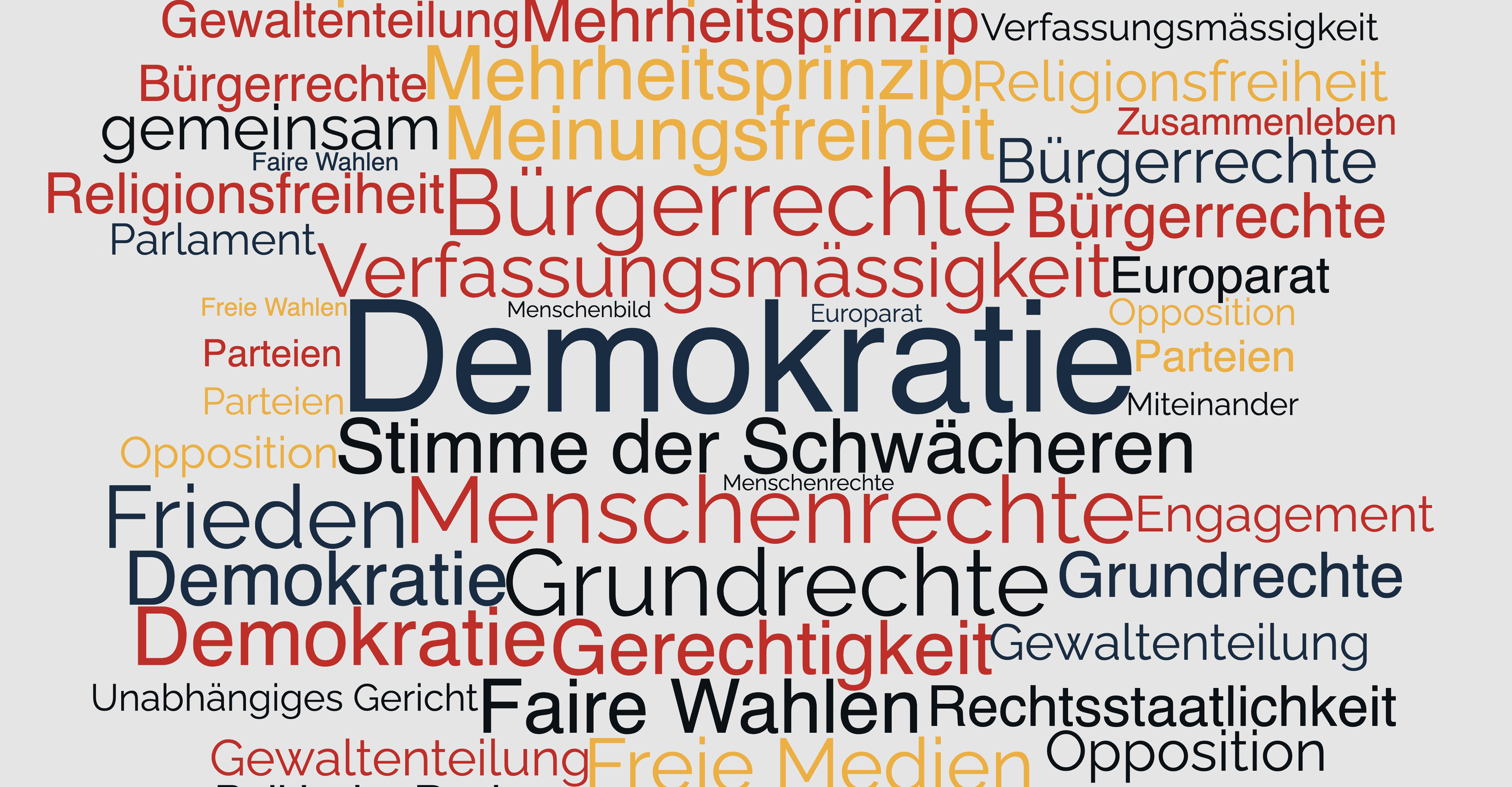 Wortwolke mit wichtigen Begriffen rund um das Thema Demokratie