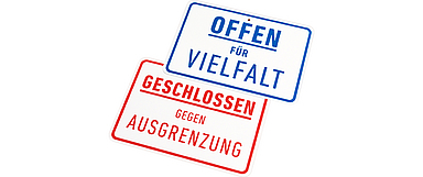 Kampagnenlogo und Motto der Initiative «Offen für Vielfalt – Geschlossen gegen Ausgrenzung»