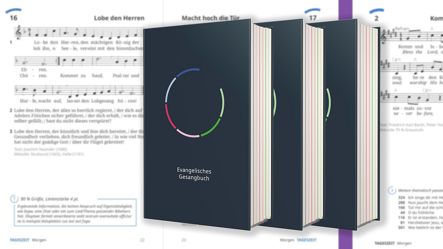 Auf der Vorderseite zeigt das neue Gesangbuch einen blaugrundigen, nach rechts oben geöffneten Kreis mit sechs farbigen Segmenten in Blau‑, Rot‑ und Grüntönen; darunter steht in Weiß der Titel „Evangelisches Gesangbuch“.