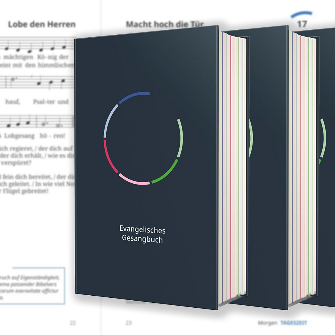 Auf der Vorderseite zeigt das neue Gesangbuch einen blaugrundigen, nach rechts oben geöffneten Kreis mit sechs farbigen Segmenten in Blau‑, Rot‑ und Grüntönen; darunter steht in Weiß der Titel „Evangelisches Gesangbuch“.