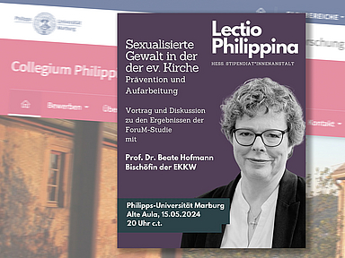 Abbildung des Ankündungsplakats mit Veranstaltungsdaten vor einem Screenshot der Homepage des Collegium Philippinum