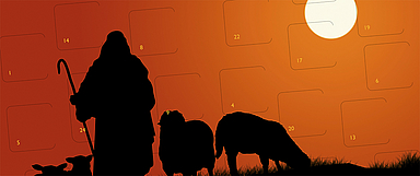 Der diesjährige Adventskalender der Ausbildungshilfe zeigt einen Hirten mit seinen Schafen im Sonnenuntergang (Grafik: Ausbildungshilfe)