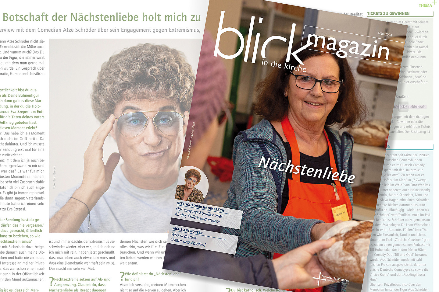 Cover der aktuellen Ausgabe des Magazins mit Atze Schröder und einer Mitarbeiterin der Tafel in Bad Arolsen.