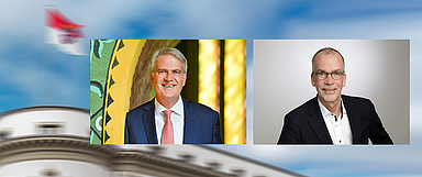 Dekan Martin Mencke (l.) und Jörn Dulige (Fotos: EKHN, Hintergrund: Hessischer Landtag, Kanzlei, Peter Wolf 2017)