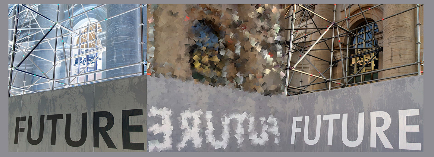 Die Zukunft von Kirchen in unterschiedlichen Perspektiven Das Originalfoto (Ausschnitt rechts) zeigt einen undurchsichtigen Bauzaun, auf dem das Wort "Future" (Zukunft) steht, darüber ein Gerüst vor einer Kirchenfassade mit Fenster. Das Foto ist ebenfalls mit invertierten Farben (links) und in kubistischer Art aufgefächert, zugleicht horizontal gespiegelt (Mitte) zu sehen. Collage: Christoph Baumanns mit einem Foto von Peter Weidemann, pfarrbriefservice.de