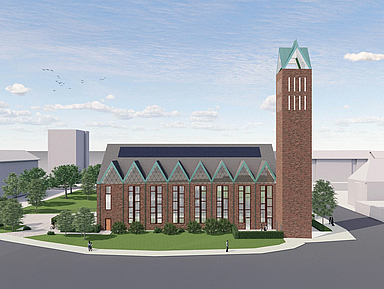 Mehr Licht: Die Fassade der Christuskirche in Hanau soll mit Fenstern durchbrochen werden. Unser Foto zeigt eine Visualisierung der zukünftigen Außenansicht.