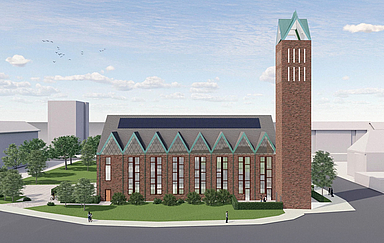 Mehr Licht: Die Fassade der Christuskirche in Hanau soll mit Fenstern durchbrochen werden. Unser Foto zeigt eine Visualisierung der zukünftigen Außenansicht.