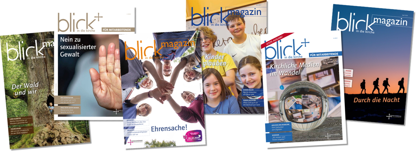 Titelansichten blick Hefte. Eine Auswahl an Titeln aus Magazin und Mitarbeiterheft mit dem aktuellem Titel Oktober 2025