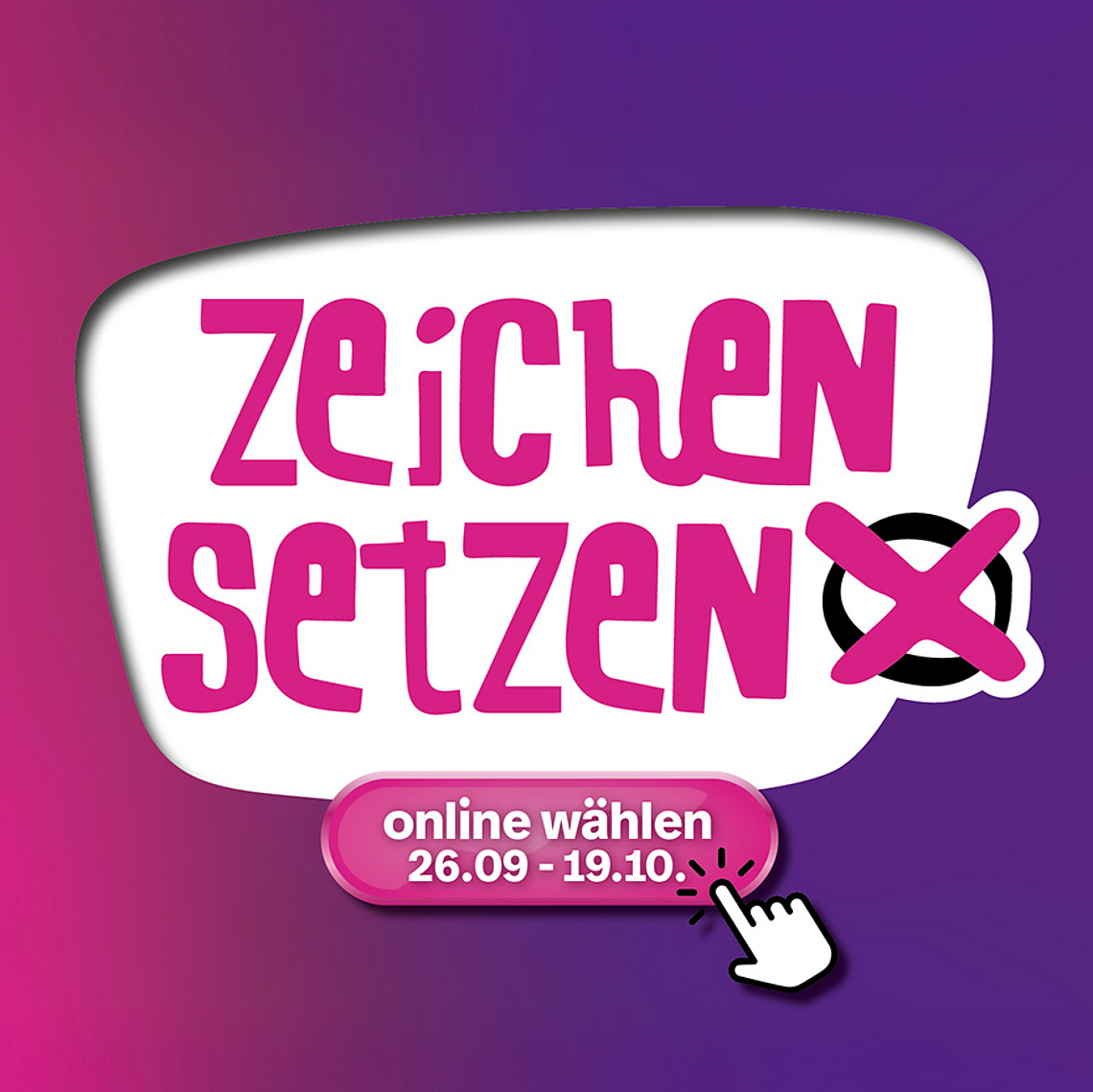 Grafisches Wahlmotiv zur Kirchenvorstandswahl 2025 der Evangelischen Kirche von Kurhessen-Waldeck. Der Hintergrund verläuft von kräftigem Pink zu dunklem Violett. Links steht in weißer Schrift: „deine stimme wirkt“ und darunter „26.10.2025 Kirchenvorstandswahl“. Rechts befindet sich ein weißes Feld mit pinker Schrift „Zeichen setzen“, daneben ein schwarzes Kreuz in einem weißen Kreis mit pinkem Rand. Darunter ein pinker Button mit der Aufschrift „online wählen 26.09 – 19.10.“ und einer weißen Computerhand, die darauf zeigt.