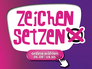 Grafisches Wahlmotiv zur Kirchenvorstandswahl 2025 der Evangelischen Kirche von Kurhessen-Waldeck. Der Hintergrund verläuft von kräftigem Pink zu dunklem Violett. Links steht in weißer Schrift: „deine stimme wirkt“ und darunter „26.10.2025 Kirchenvorstandswahl“. Rechts befindet sich ein weißes Feld mit pinker Schrift „Zeichen setzen“, daneben ein schwarzes Kreuz in einem weißen Kreis mit pinkem Rand. Darunter ein pinker Button mit der Aufschrift „online wählen 26.09 – 19.10.“ und einer weißen Computerhand, die darauf zeigt.