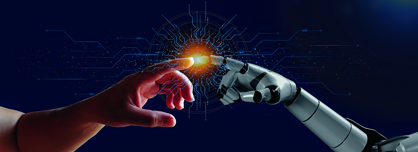 3d robotic hand touching man hand data connection control monitor process, AI technology concept 3d robotic hand touching man hand data connection control monitor process, AI technology concept