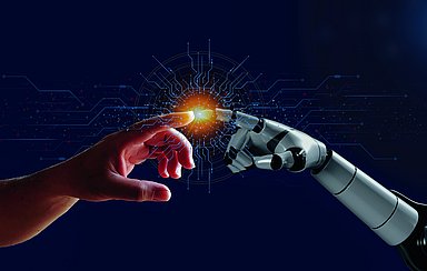 3d robotic hand touching man hand data connection control monitor process, AI technology concept