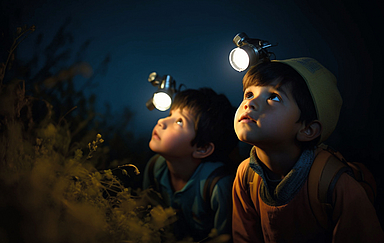 Zwei Kinder mit Stirnlampe im Dunkeln