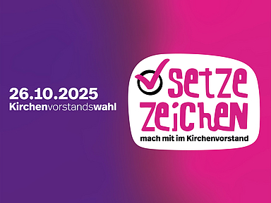 Logo zur Kirchenvorstandswahl 2025 in der Evangelischen Kirche von Kurhessen-Waldeck mit dem Schriftzug "Setze Zeichen - Mach mit im Kirchenvorstand"