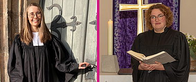 Vikarin Tabea Schmitt (links) vor der Kapelle zum Heiligen Leichnam in Wolfhagen (Foto: Kathrin Wittich-Jung) und Vikarin Stephanie Schmidt (rechts) vor dem Altar in der Ev. Lukasgemeinde in Kalbach (Foto: Daniel Föller)