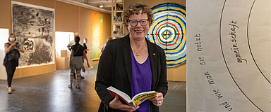 Bischöfin Dr. Beate Hofmann im Raum des Kollektivs Project Art Works auf der documenta fifteen. Der Raum im Fridericianum ist eines ihrer Lieblingskunstwerke der Kunstschau. (Foto: medio.tv/Schaudern)