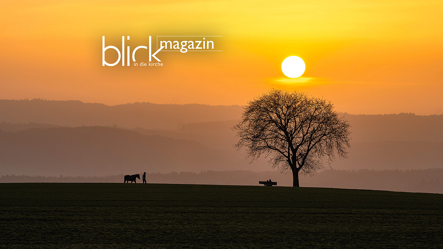 Abendliche Naturszene mit Sonnenuntergang, einem Baum und Menschen