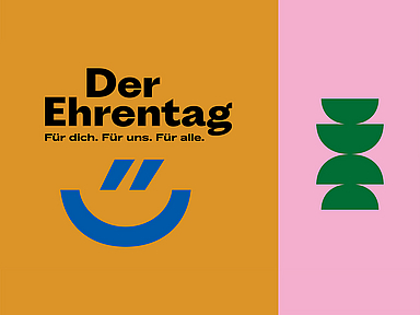 Grafik zum bundesweiten Ehrentag: Auf farbigem Hintergrund steht der Schriftzug „Der Ehrentag – Für dich. Für uns. Für alle.“ Daneben sind stilisierte, abstrakte Symbole in verschiedenen Farben zu sehen, die Gemeinschaft und Zusammenarbeit darstellen.