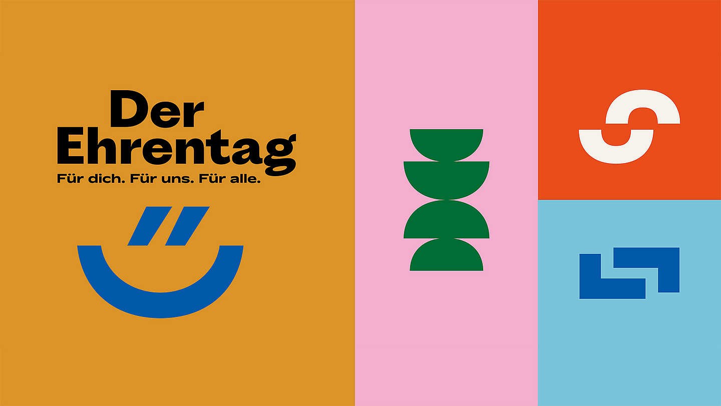 Grafik zum bundesweiten Ehrentag Grafik zum bundesweiten Ehrentag: Auf farbigem Hintergrund steht der Schriftzug „Der Ehrentag – Für dich. Für uns. Für alle.“ Daneben sind stilisierte, abstrakte Symbole in verschiedenen Farben zu sehen, die Gemeinschaft und Zusammenarbeit darstellen.