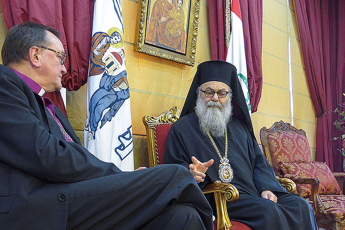 Besuchsreise der Rum-Orthodoxen Kirche von Antiochien in Syrien und dem Libanon 2016 Besuch in Syrien bei Patriarch Johannes X. von der Rum-orthodoxen Kirche, zu der die Landeskirche freundschaftliche Beziehungen pflegt. (2016). (Foto: medio.tv)