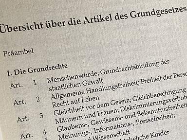 Die 20 evangelischen Landeskirchen würdigen in der Reihe die Präambel und die 19 Grundrechtsartikel des Grundgesetzes. Unser Foto zeigt einen Ausschnitt aus der Inhaltsübersicht.