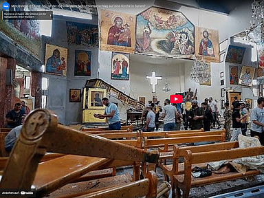 Unser Screenshot aus dem Kurzbericht des Senders «euronews» über den Anschlag zeigt die Zerstörung St. Elias-Kirche in Damaskus.