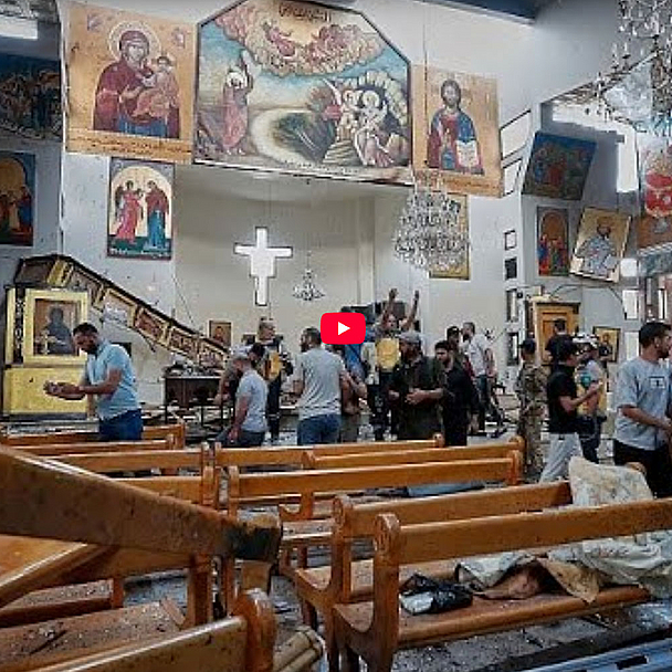 Unser Screenshot aus dem Kurzbericht des Senders «euronews» über den Anschlag zeigt die Zerstörung St. Elias-Kirche in Damaskus.