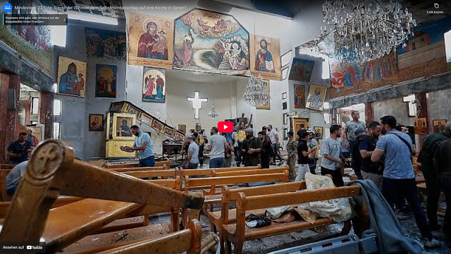 Unser Screenshot aus dem Kurzbericht des Senders «euronews» über den Anschlag zeigt die Zerstörung St. Elias-Kirche in Damaskus.