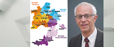 Unser Foto zeigt eine Karte mit den Sprengeln der Landeskirche, darunter der Sprengel Marburg mit dessen Propst Helmut Wöllenstein. (Karte: medio.tv/EKKW, Foto: medio.tv/Schauderna)