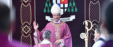 Amtseinführung im Fuldaer Dom: Der neue Bischof von Fulda, Dr. Michael Gerber, auf dem Fuldaer Bischofsstuhl. (Fotos: Arnulf Müller / Bistum Fulda)