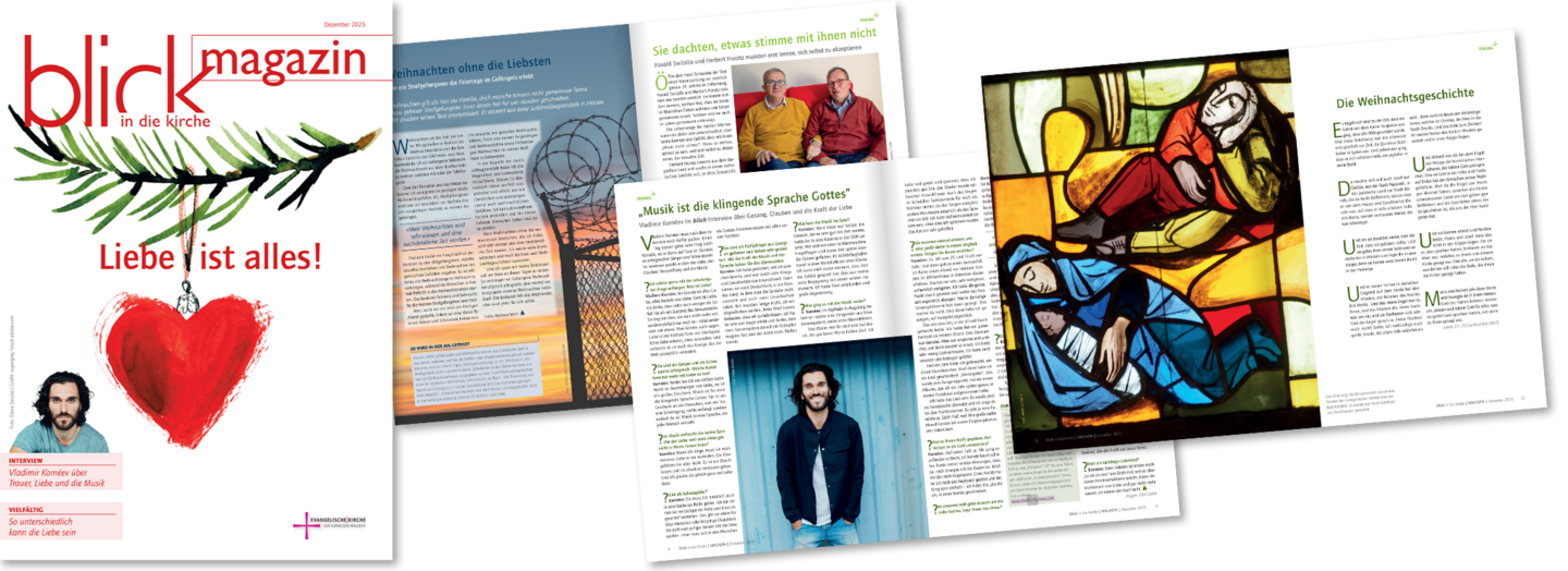 Das blick in die kirche-Magazin Dezember 2025 mit einer Auswahl an Doppelseiten als Vorschau.