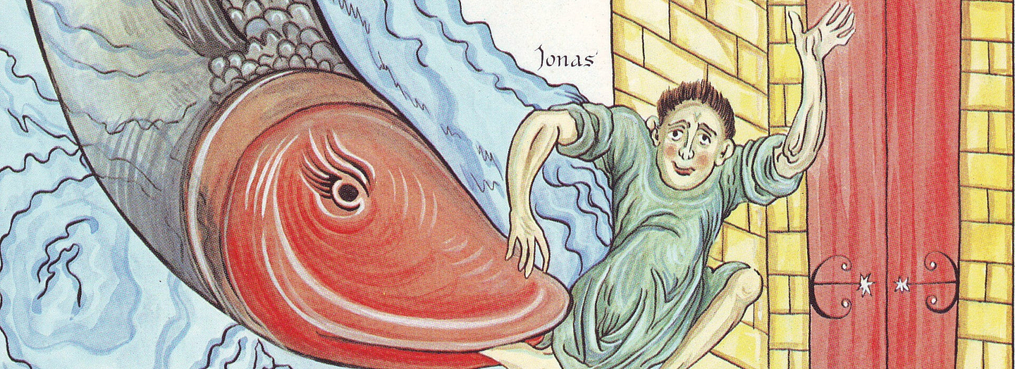 Bild (Ausschnitt) aus dem Hortus Deliciarum (circa 1180) von Herrad of Landsberg (1130–1195): Der Prophet Jonas wird vom Fisch bei Ninive ausgespien (Wikipedia, gemeinfrei). 