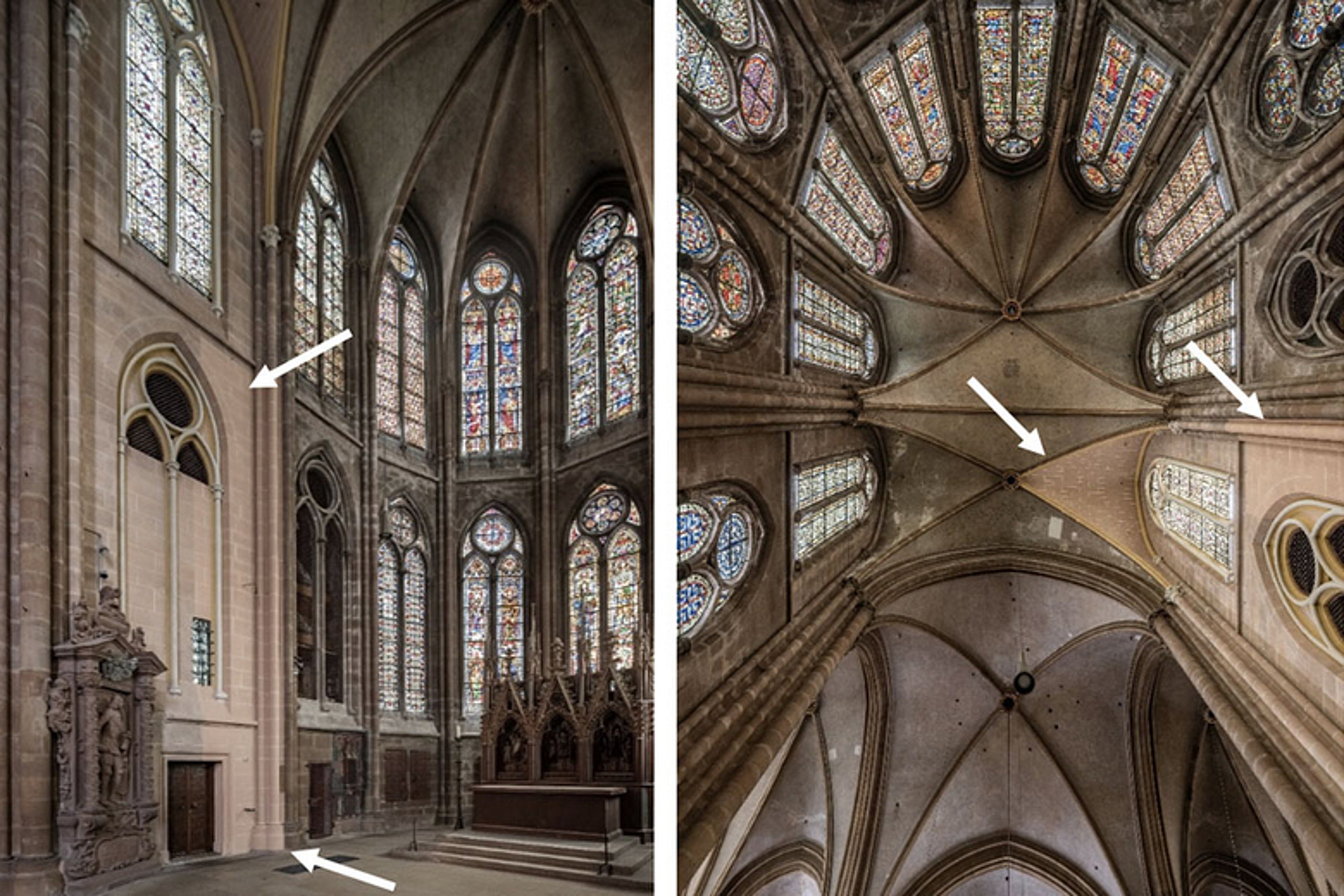 Die Musterfläche im Hohen Chor zeigt die angestrebte und gleichzeitig bauzeitliche Fassung, daneben sind die stark verschmutzten Wand- und Gewölbeflächen des jetzigen Zustands in der Elisabethkirche zu sehen.