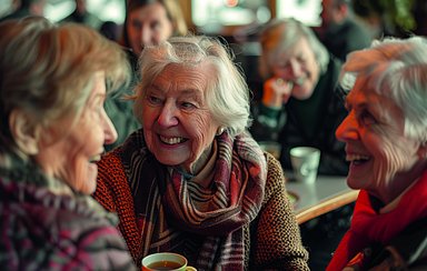 a group of modern older women sitting in a cafe talking and smiling, d850,high resolution 8k,small-catchlight, hyper-realistic, photo-realistic,low-contrast, High-sharpness,facial-symmetry, natural-skin,focused-eyes, ultra-detailed photography, sharp focus,eyes against camera,lens 24 mm,front view , portrait photograph --ar 16:9 --style raw Job ID: 5c451563-5dc6-492c-bef8-a054292e534a