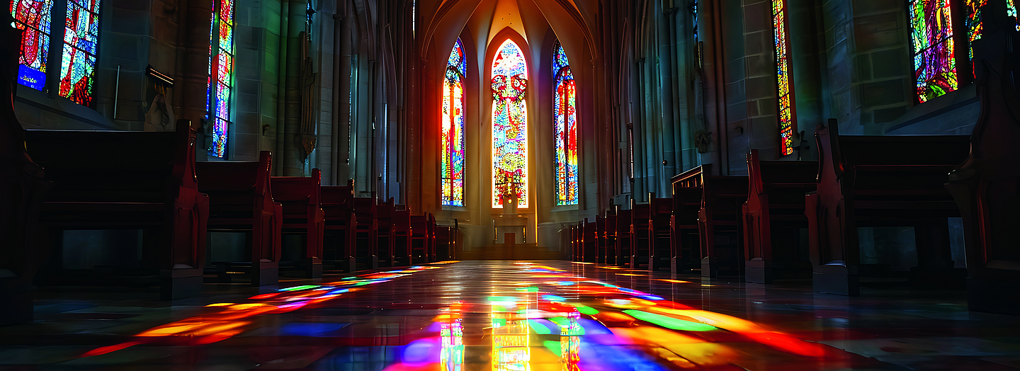 Church interior with bright stained glass windows and light on the floor. Church interior with bright stained glass windows and light on the floor.