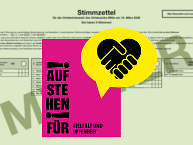 Unser Foto zeigt Motive aus der Kampagne der Kirchen zur Wahl. Dahinter ist das Muster eines Stimmzettels der Kommunalwahl zu sehen. 