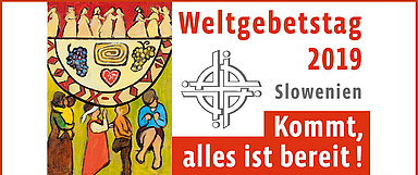 Titelmotiv zum Weltgebetstag 2019 von der Künstlerin Rezka Arnuš mit dem Bildtitel «Come – Everything is ready» (Foto: © Weltgebetstag der Frauen – Deutsches Komitee e.V.)