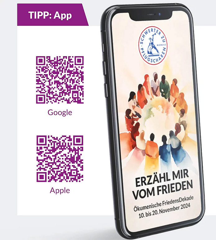 QR-Codes zu den Appstores und die Abbildung eines Smartphones mir der App zur Friedensdekade QR-Codes zu den Appstores und die Abbildung eines Smartphones mir der App zur Friedensdekade