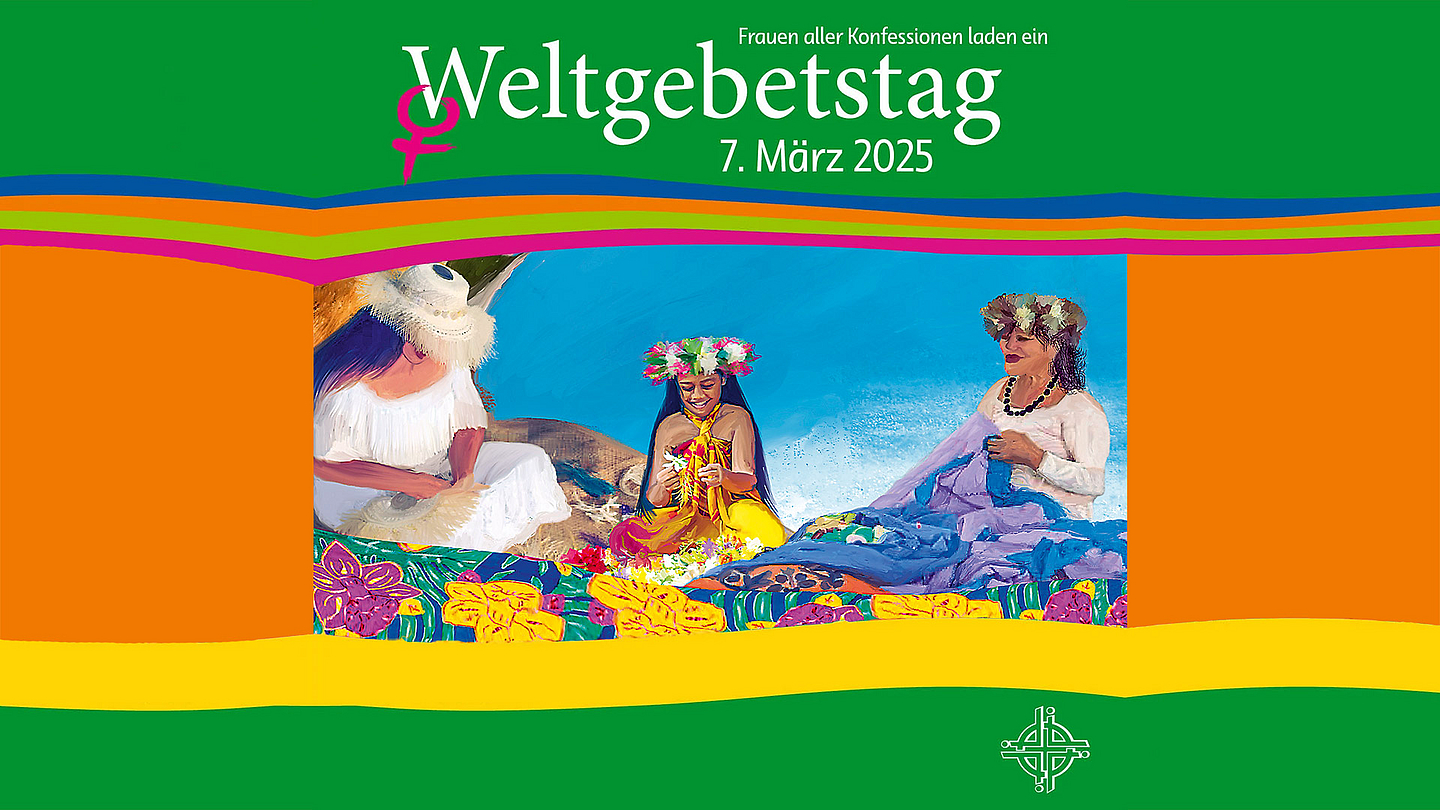 Unser Foto zeigt einen Auschnitt aus dem Titelbild zum Weltgebetstag 2025 «Wonderfully Made» von den Künstlerinnen Tarani Napa und Tevairangi Napa.