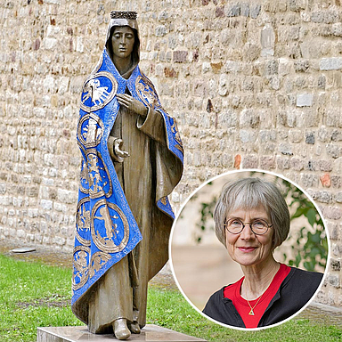 Das Foto zeigt die neue Bronzefigur der Kunigunde vor der Kaufunger Stiftskirche und ein Portraitfoto von Pröpstin Katrin Wienold-Hocke. 