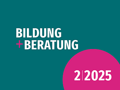 Programmheft „BILDUNG + BERATUNG“, links vertikal „PROGRAMM“, darunter „FORUM BILDUNG IM DEZERNAT BILDUNG“, rechts pinker Halbkreis mit „2|2025“, türkisfarbener Hintergrund.