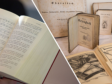 Links im Bild ist das Evangelische Gesangbuch zu sehen, rechts sind historische Gesangbücher abgebildet, die in der Kirchenmusikakademie Schlüchtern aufbewahrt werden. 