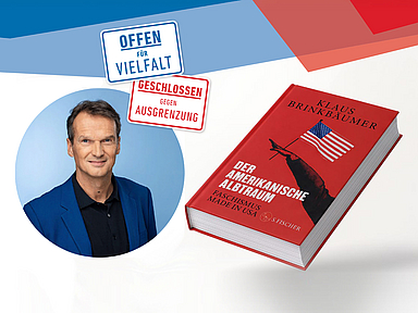 Das Veranstaltungsbild zeigt ein Porträtfoto neben dem roten Buchcover „Der amerikanische Albtraum – Faschismus made in USA“ von Klaus Brinkbäumer. Darüber steht das Logo der Initiative „Offen für Vielfalt – Geschlossen gegen Ausgrenzung“.