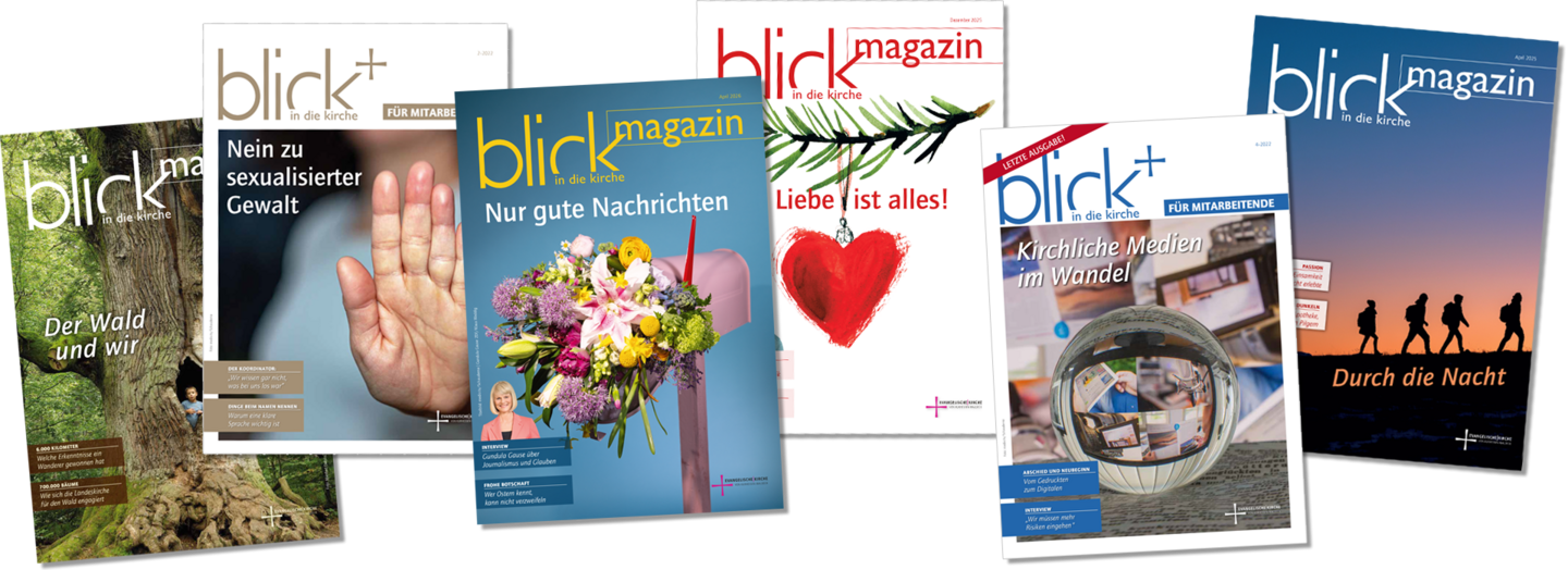 Titel blick Hefte Auswahl 0126 Titelansichten blick Hefte. Eine Auswahl an Titeln aus Magazin und Mitarbeiterheft mit dem aktuellem Titel April 2026