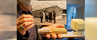 Vor einem Vierteljahrhundert wurde Richtfest gefeiert. Unser Foto zeigt ein 3D-Modell des Archivs in der Kasseler Lessingstraße. Im Hintergrund ist ein Foto vom Richtfest im Jahr 1996 zu sehen. (Foto: medio.tv/Schauderna)