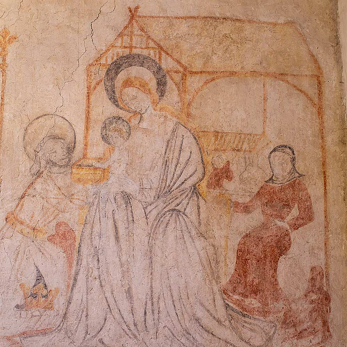 Foto der Wandmalerei der Krippenszene mit der Nonne Foto der Wandmalerei der Krippenszene mit der Nonne