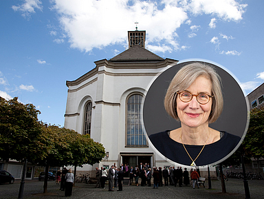 Das Foto zeigt die Kasseler Karlskirche und Pröpstin Katrin Wienold-Hocke