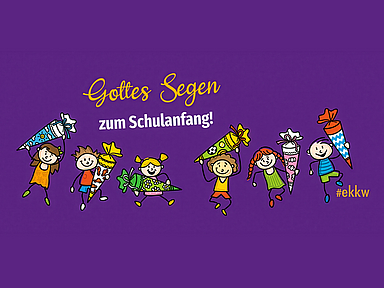 Für die Erstklässlerinnen und Erstklässler bietet die Landeskirche eine liebevoll gestaltetet Segenskarte zum Schulstart an. Unser Foto zeigt die Titelseite der Klappkarte.