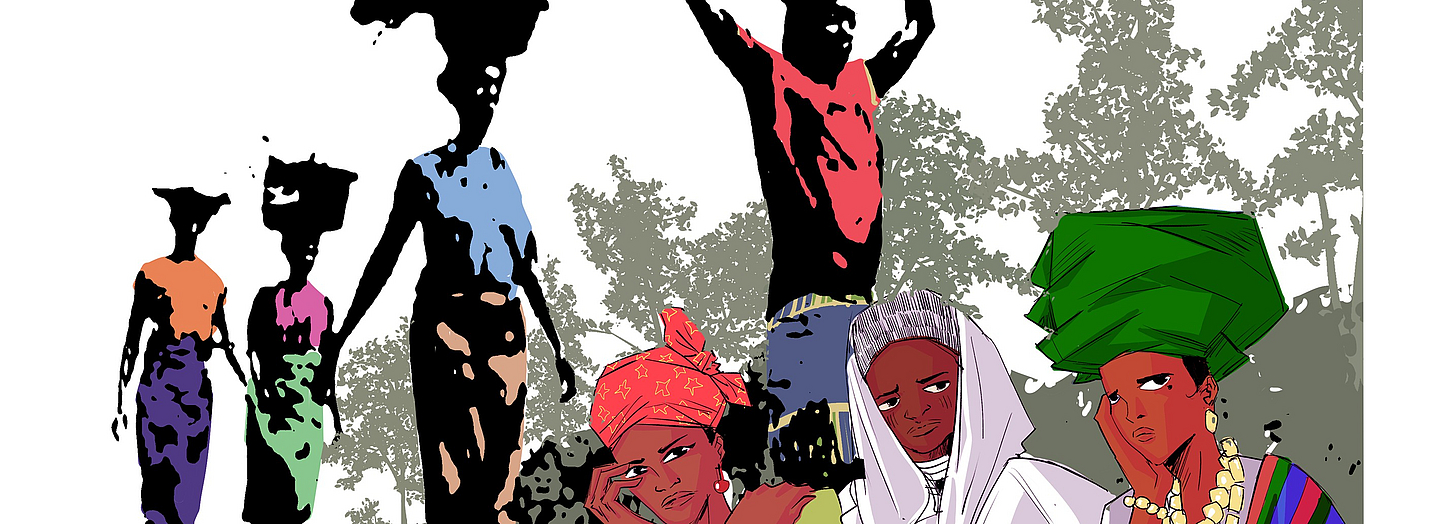 Kunstwerk mit afrikanischen Frauen. Einige gehen einen Weg entlang und tragen Lasten auf dem Kopf. Im Vordergrund drei Frauen mit trauriger Miene, die die traditionelle Tracht der Igbo, Hausa und Yoruba aus Nigeria tragen. 